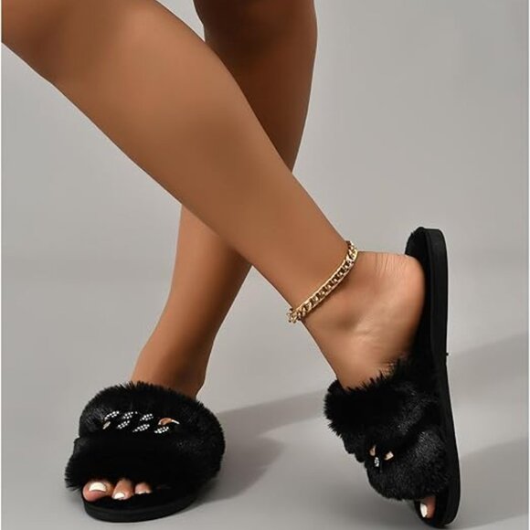 Neiman Marcus Faux Fur Women's Rhinestone Fuzzy Slippers - Picture 2 of 5